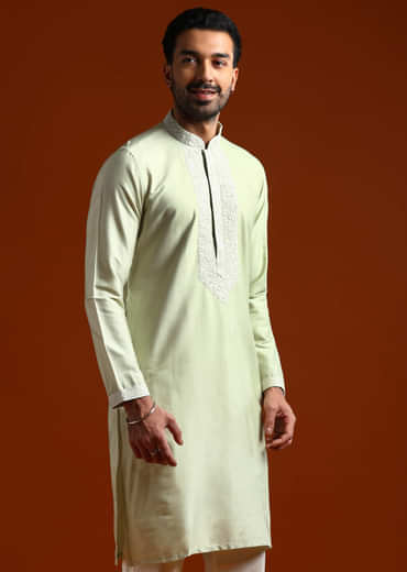 Mint Green Chanderi Kurta Set For Men With Kashmiri Embroidery