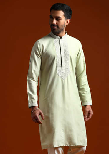 Mint Green Chanderi Kurta Set For Men With Kashmiri Embroidery