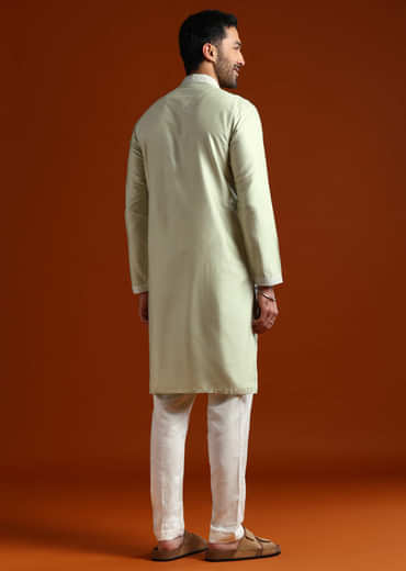 Mint Green Chanderi Kurta Set For Men With Kashmiri Embroidery