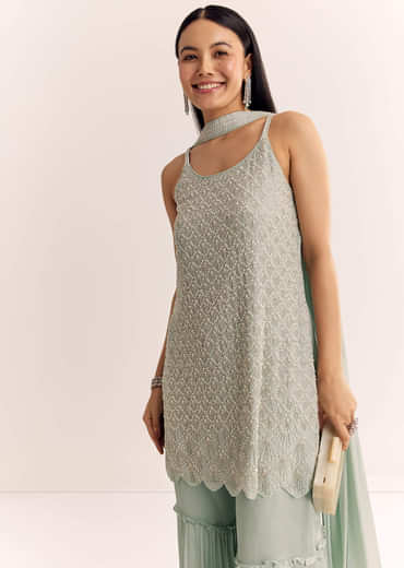 Mint Green Chinon Kurta Set With Cutdana Moti And Choker Dupatta