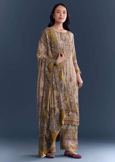 Mint Green Crepe Kurta Set With Paisley And Floral Print