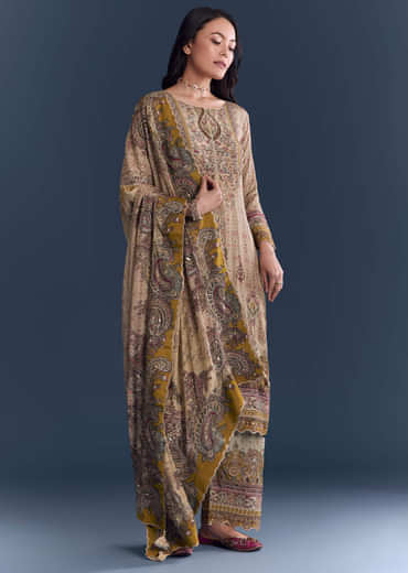 Mint Green Crepe Kurta Set With Paisley And Floral Print