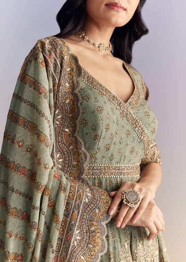 Mint Green Crepe Sharara Suit With Indie Print And Stone Work