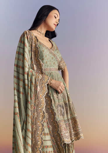 Mint Green Crepe Sharara Suit With Indie Print And Stone Work