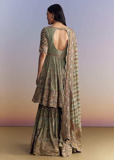 Mint Green Crepe Sharara Suit With Indie Print And Stone Work