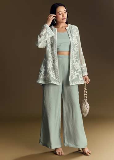 Mint Green Crop Top Set With Embroidered Organza Jacket