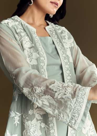Mint Green Crop Top Set With Embroidered Organza Jacket