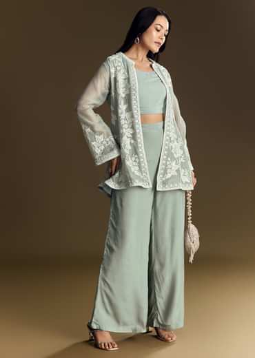 Mint Green Crop Top Set With Embroidered Organza Jacket