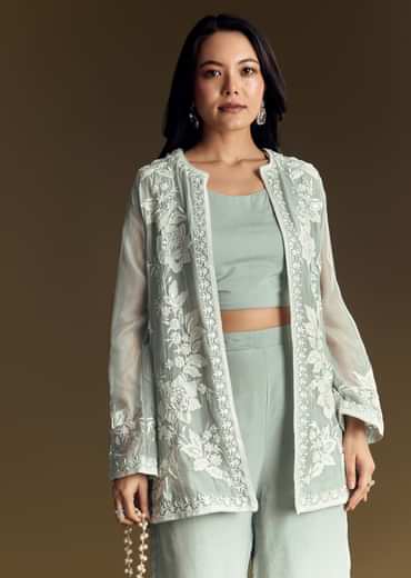 Mint Green Crop Top Set With Embroidered Organza Jacket