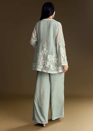 Mint Green Crop Top Set With Embroidered Organza Jacket