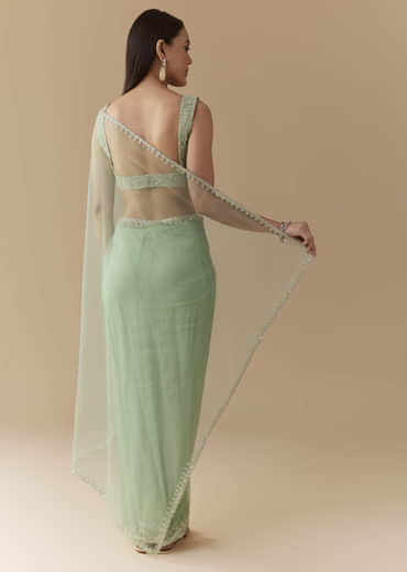 Mint Green Cutwork Embellished Saree with Unstitched Blouse