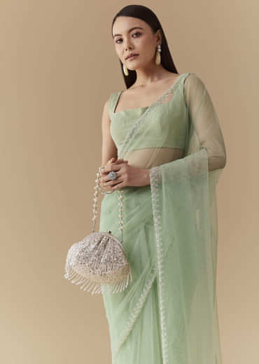 Mint Green Cutwork Embellished Saree with Unstitched Blouse