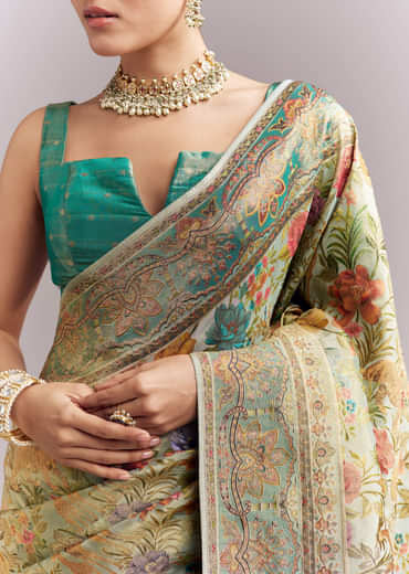 Mint Green Dola Silk Woven Saree With Embroidered Nature Motifs