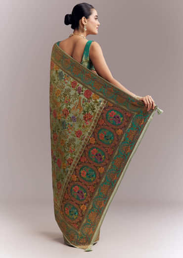 Mint Green Dola Silk Woven Saree With Embroidered Nature Motifs
