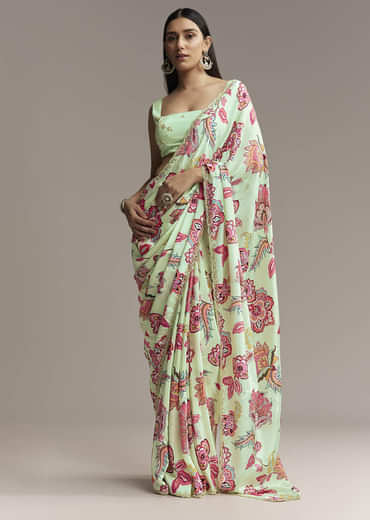Mint Green Floral Crepe Saree With Scallop Border