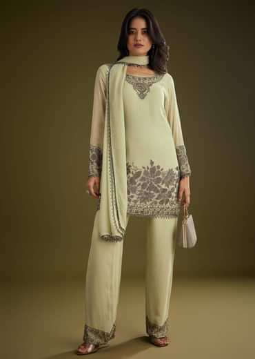 Mint Green Georgette Beads Kurta Set With Tassels Bordered Dupatta