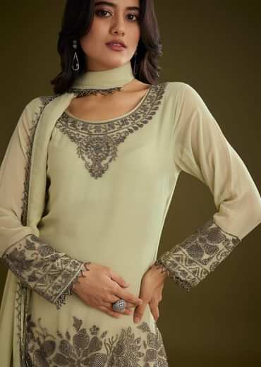 Mint Green Georgette Beads Kurta Set With Tassels Bordered Dupatta