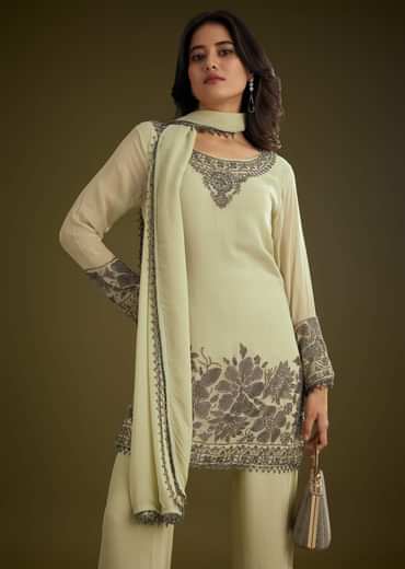 Mint Green Georgette Beads Kurta Set With Tassels Bordered Dupatta