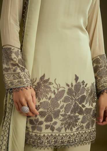 Mint Green Georgette Beads Kurta Set With Tassels Bordered Dupatta