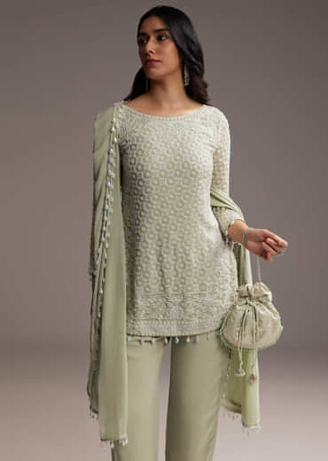 Mint Green Georgette Kurta Set With Beads Work