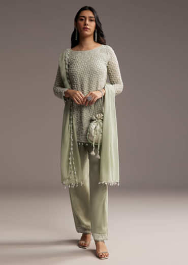 Mint Green Georgette Kurta Set With Beads Work