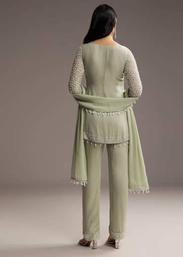 Mint Green Georgette Kurta Set With Beads Work