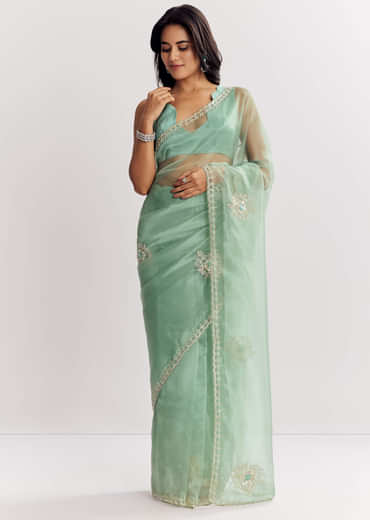 Mint Green Glass Tissue Saree With Cutdana And Sequins Embroidery