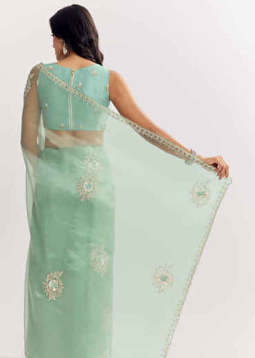 Mint Green Glass Tissue Saree With Cutdana And Sequins Embroidery