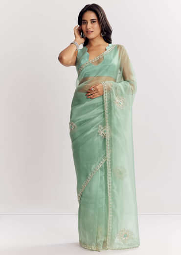 Mint Green Glass Tissue Saree With Cutdana And Sequins Embroidery