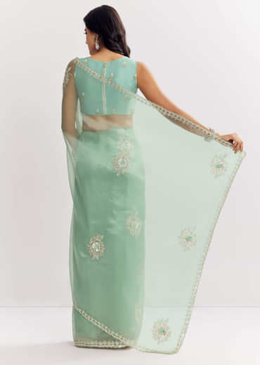 Mint Green Glass Tissue Saree With Cutdana And Sequins Embroidery