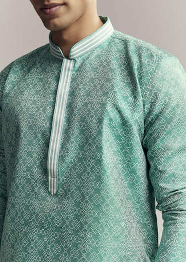 Mint Green Jacquard Kurta Set For Men