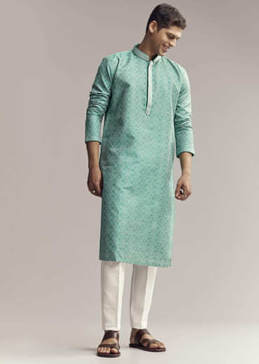 Mint Green Jacquard Kurta Set For Men