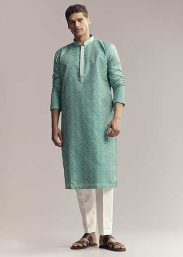 Mint Green Jacquard Kurta Set For Men