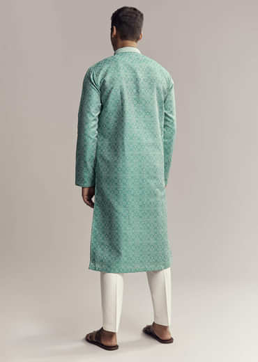 Mint Green Jacquard Kurta Set For Men