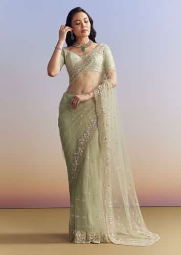 Mint Green Net Saree With Scallop Border And Heavy Embroidery