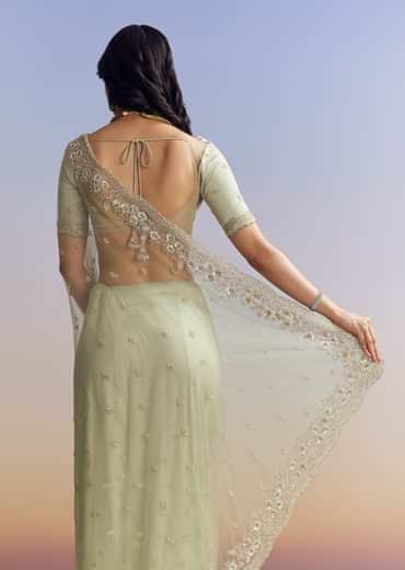 Mint Green Net Saree With Scallop Border And Heavy Embroidery