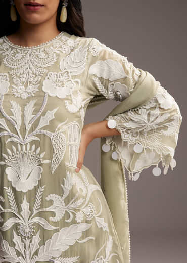 Mint Green Organza Kurta Set With Thread And Moti Work