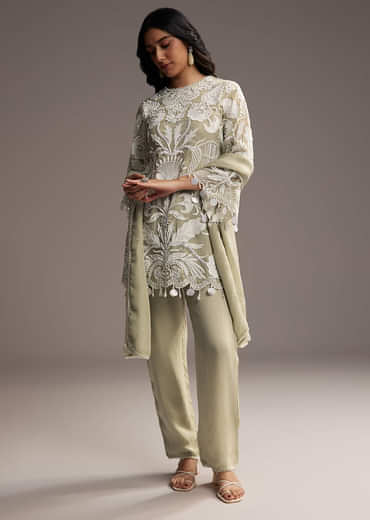 Mint Green Organza Kurta Set With Thread And Moti Work