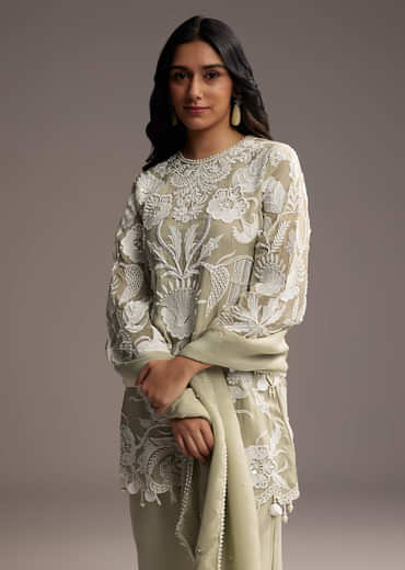 Mint Green Organza Kurta Set With Thread And Moti Work