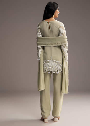 Mint Green Organza Kurta Set With Thread And Moti Work