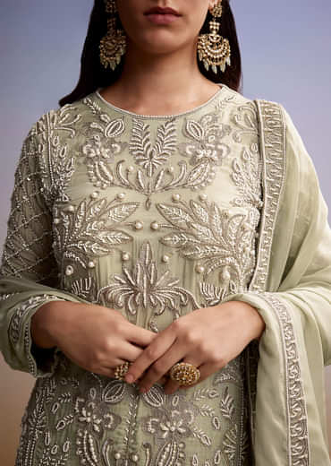 Mint Green Organza Palazzo Suit With Zari And Moti Work