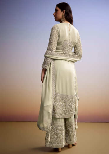 Mint Green Organza Palazzo Suit With Zari And Moti Work
