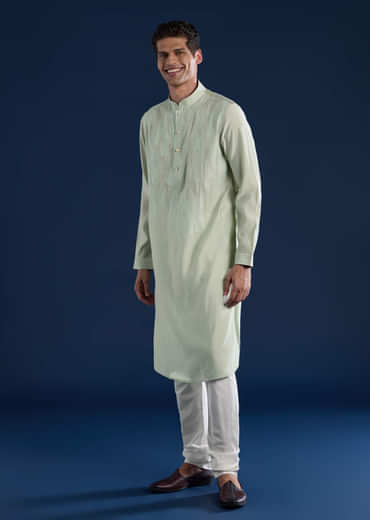 Mint Green Resham Embroidered Mens Kurta and Pant Set