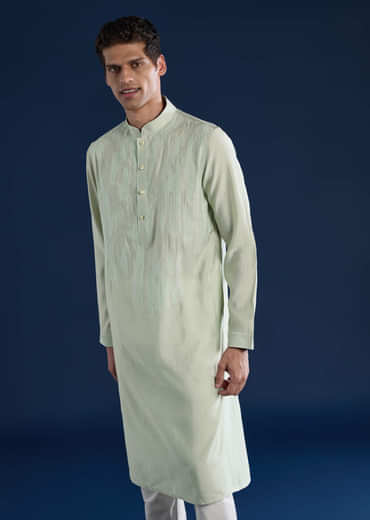 Mint Green Resham Embroidered Mens Kurta and Pant Set