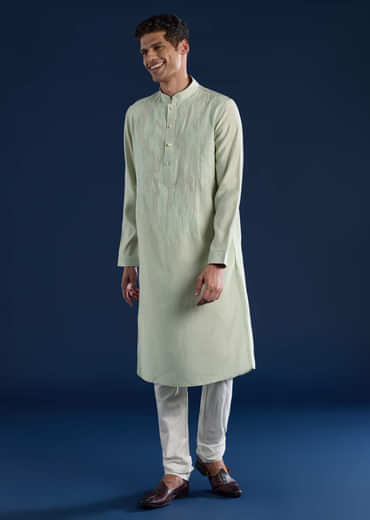 Mint Green Resham Embroidered Mens Kurta and Pant Set