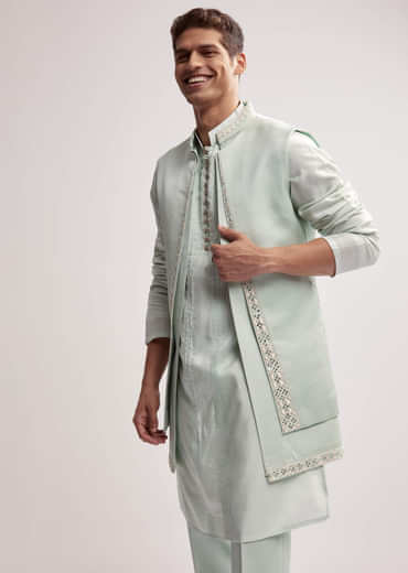 Mint Green Satin Blend Kurta Jacket Set For Men With Zardosi Work