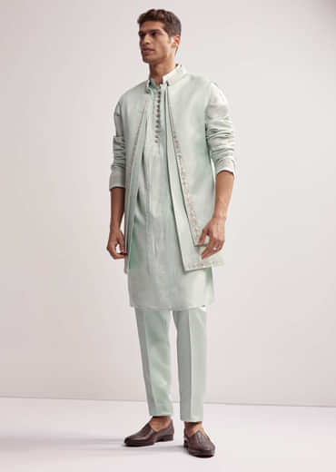 Mint Green Satin Blend Kurta Jacket Set For Men With Zardosi Work