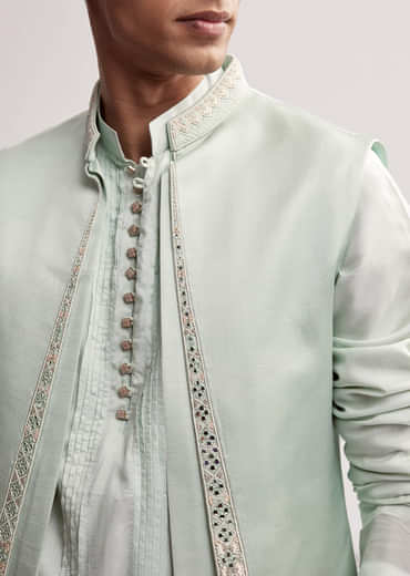 Mint Green Satin Blend Kurta Jacket Set For Men With Zardosi Work