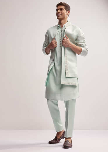 Mint Green Satin Blend Kurta Jacket Set For Men With Zardosi Work