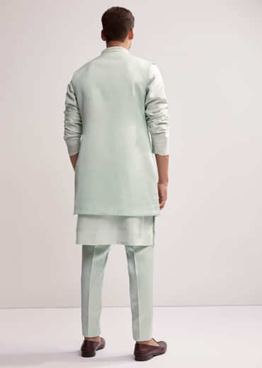 Mint Green Satin Blend Kurta Jacket Set For Men With Zardosi Work